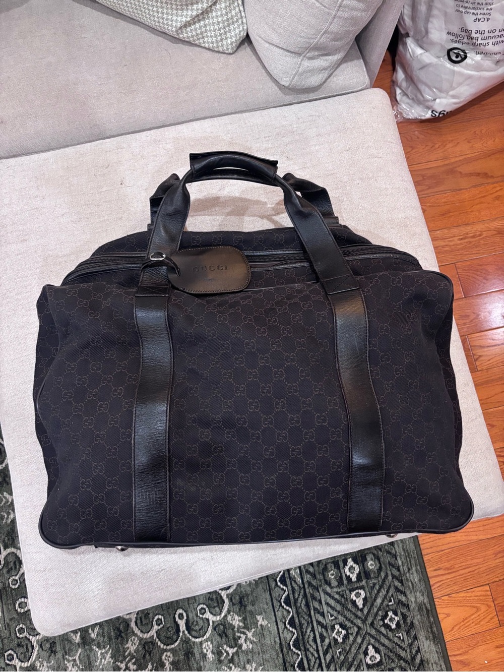 Gucci Black Monogram Canvas Duffel with Leather Trim